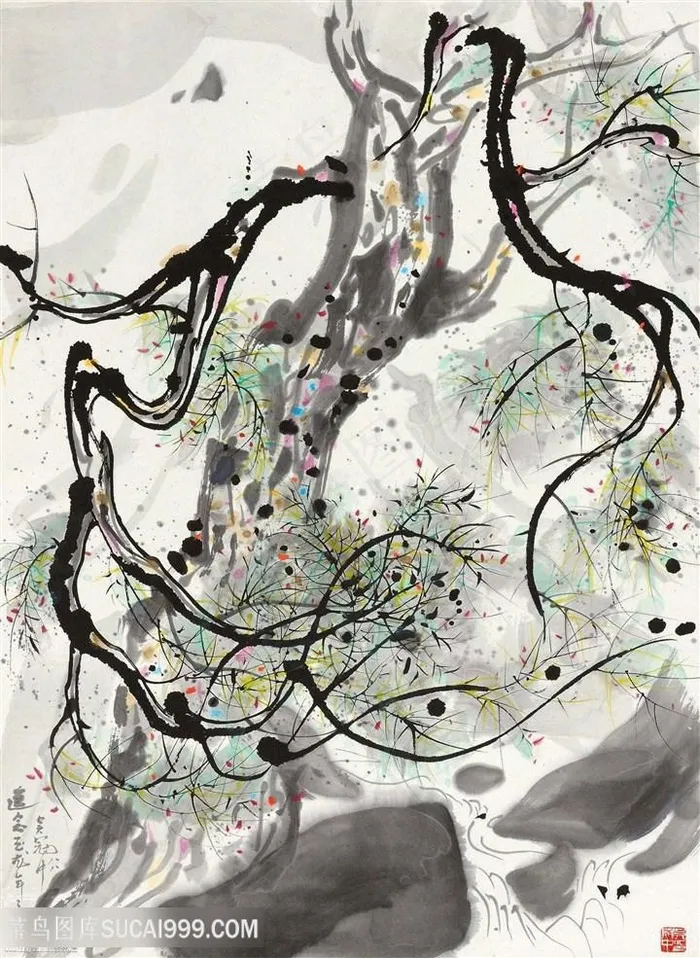 吴冠中手绘水墨树枝河流装饰画