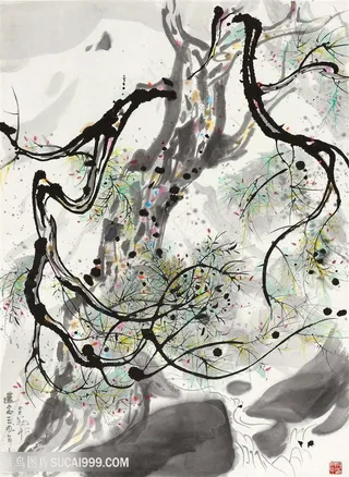 吴冠中手绘水墨树枝河流装饰画