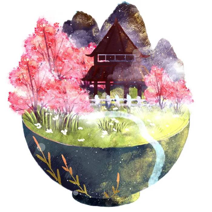 时尚微景观山水装饰庭院祥云中式国潮风插图插画元素素材设计模板psd模版下载