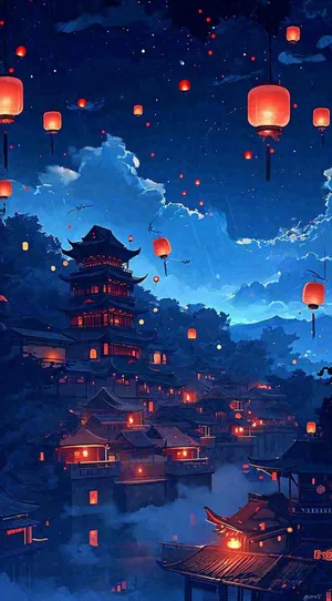 夜晚夜景月亮国风建筑灯笼星空浪漫，恐怖悬疑