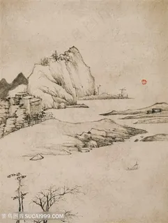 清代弘仁山水图岩树溪水国画图片 清代弘仁山水图岩树溪水国画图片