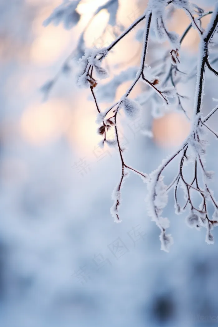 冬季阳光下的雪景雾凇树枝摄影图(2688x4032)
