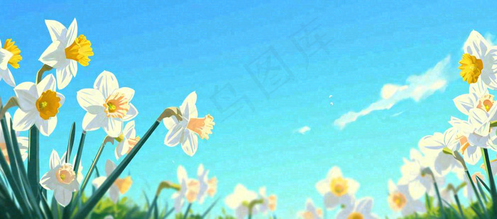 春天清新草地小花蓝天白云，鲜花向阳手绘插画(1632x720)