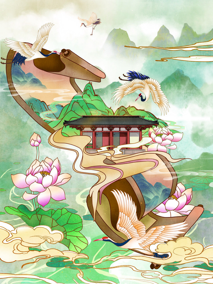 中国风国潮烫金仙鹤山水古建筑风景装饰插画背景PSD分层设计素材