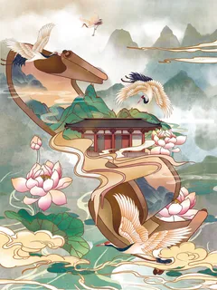 中国风国潮烫金仙鹤山水古建筑风景装饰插画背景PSD分层设计素材