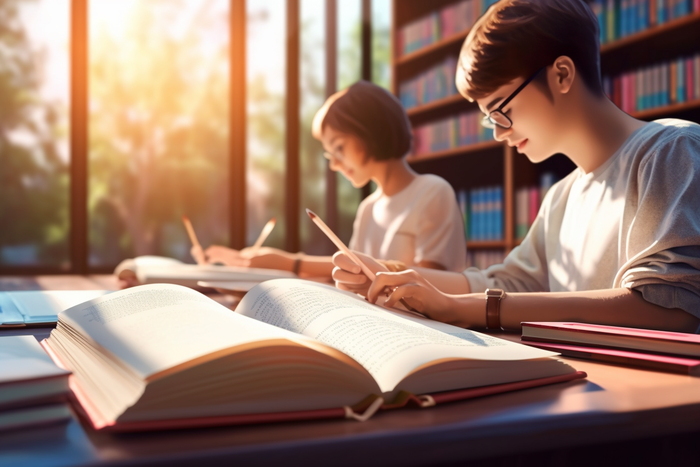 图书馆里坐着长桌学习的学生被阳光照射下摄影图(4032x2688)