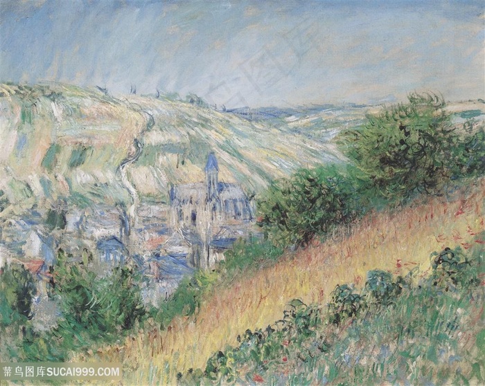 印象派莫奈山坡梯田风景油画图片