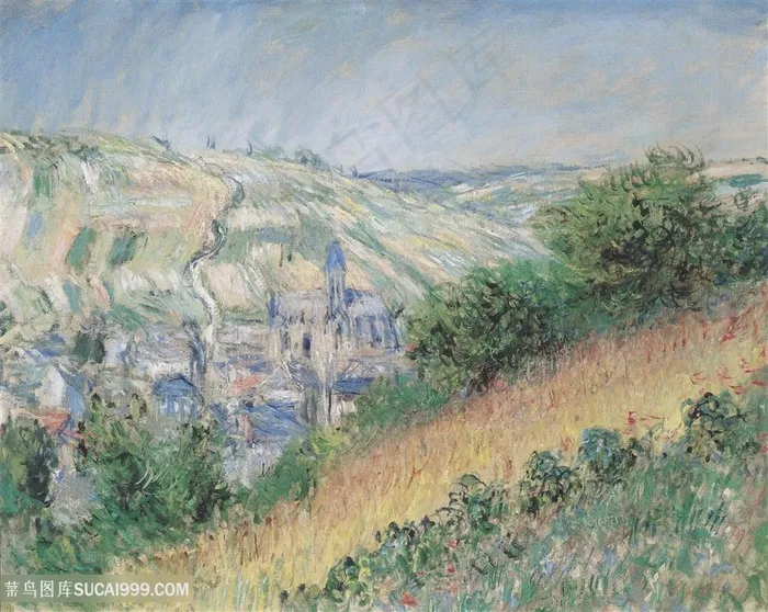 印象派莫奈山坡梯田风景油画图片