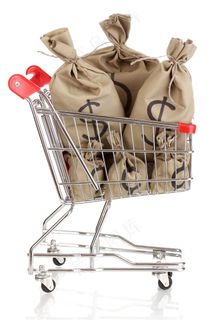 装满购物车的美金钱袋高清图片