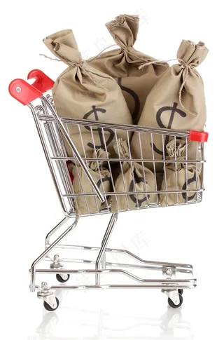 装满购物车的美金钱袋高清图片