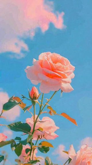 春天蓝天白云阳光下的浪漫粉色玫瑰枝叶绿叶