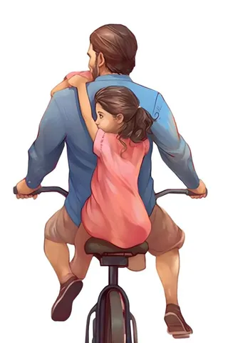 父亲骑自行车载着孩子免抠