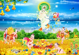 蓝天白云财宝观音童子富贵背景墙