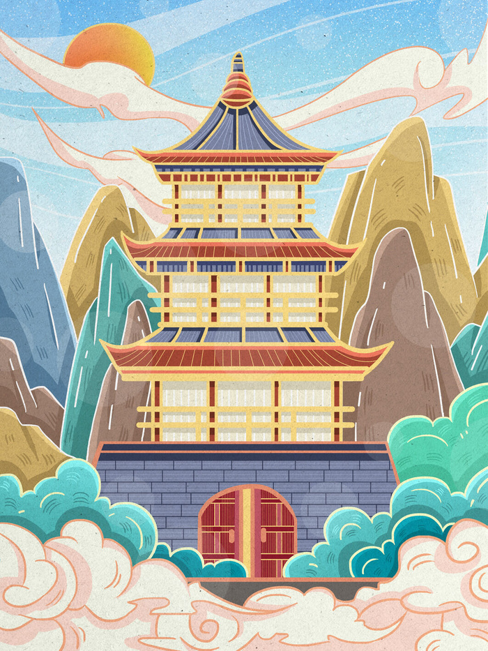 中国风国潮古建筑地标城市古风建筑阁楼印象地标手绘插画PSD素材