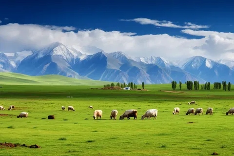 高原雪山的草原的牛羊摄影图