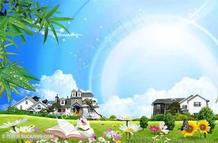 草地花卉别墅风景画韩式自然背景