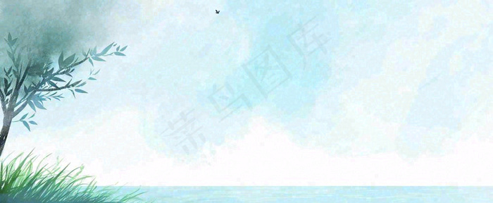 夏天海面清新绿植简约插画，夏至春分谷雨(1712x704)