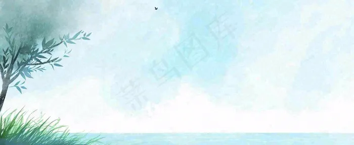 夏天海面清新绿植简约插画，夏至春分谷雨(1712x704)