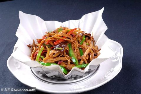 鲍汁手撕茶树菇中华美食摄影图