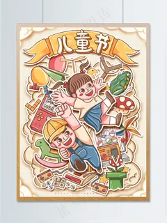 手绘儿童节贴纸风涂鸦节日插画