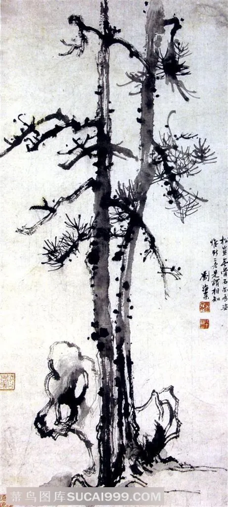 国画名家作品-刘海粟的双松寿石图