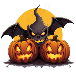 南瓜灯蝙蝠恐怖万圣节插画免抠