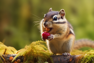 松鼠动物在森林里觅食红色果实摄影图