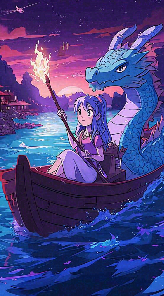 创意卡通古风河面人物游船，夜晚龙灯笼光照，海浪水面(816x1472)