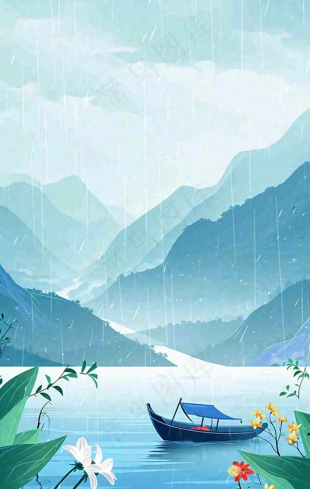 春天雨天湖面山脉小船植物花朵，雨水谷雨(864x1360)