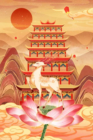 复古中国风国潮神话人物敦煌插画仙女手绘海报背景PSD设计素材