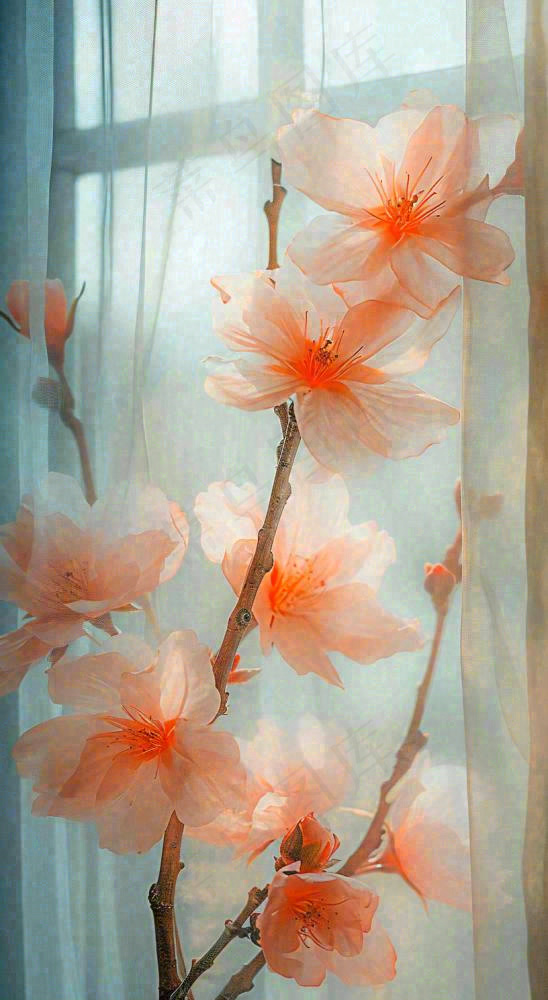 春天窗台橙色渐变鲜花，朦胧枝叶，春节立春(816x1488)