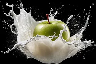 水果牛奶碰撞融合苹果液体撞击迸射瞬间摄影图