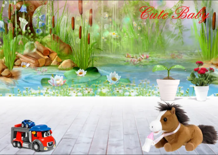 卡通儿童花卉绿草背景psd模版下载