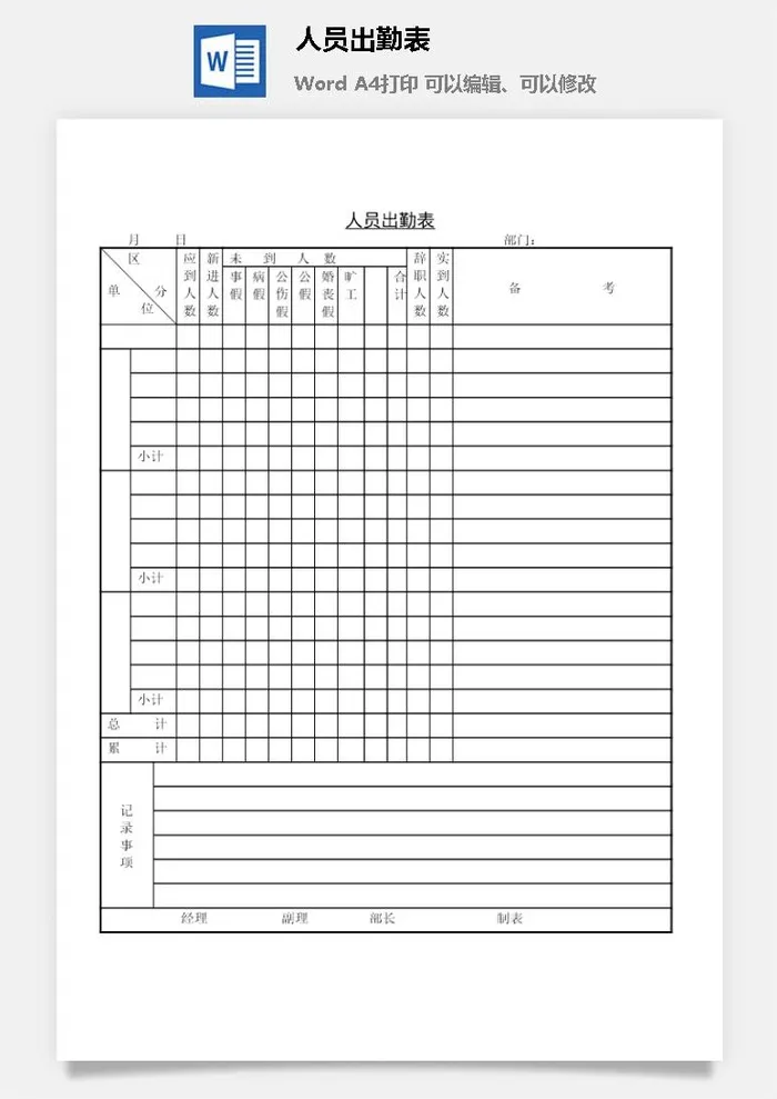 人员出勤表word模板