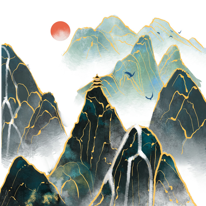 中国风国潮山水插画祥云中式手绘烫金线条元素png装饰背景PSD素材