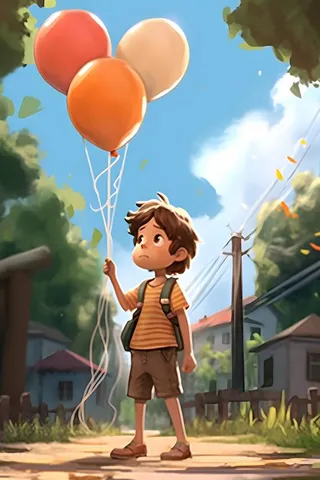 拿着气球的男孩阳光森林草地背景