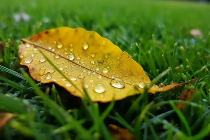 清晨草地上的黄叶落叶的露珠摄影图