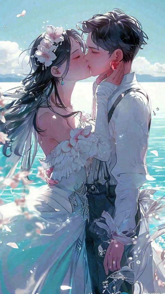 海边阳光沙滩情侣婚纱照爱情甜蜜情人节手绘插画(816x1456)