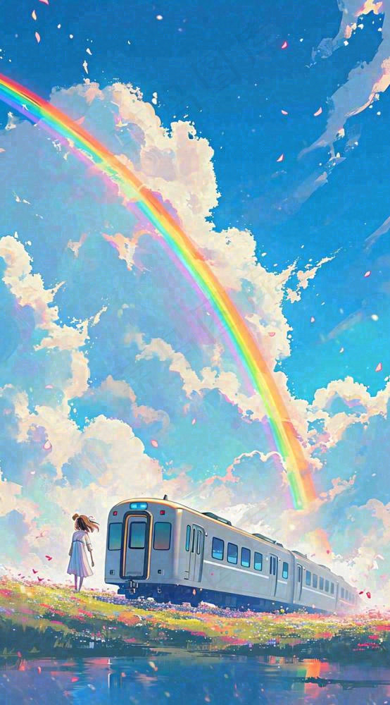 蓝天白云下草地河流高铁火车铁路手绘插画(816x1472)