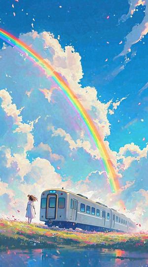 蓝天白云下草地河流高铁火车铁路手绘插画