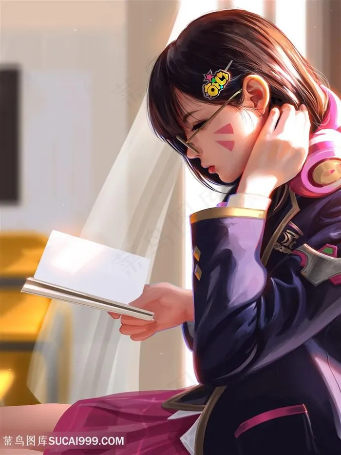 读书中的美少女插画