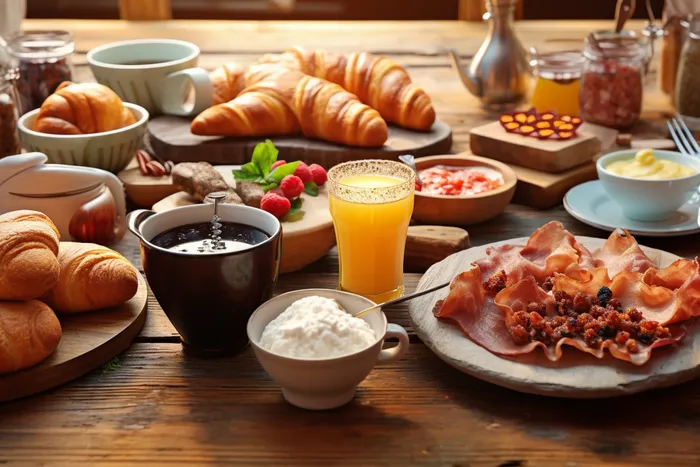 下午茶面包果汁咖啡摄影图(4032x2688)