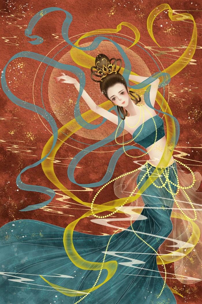 复古中国风国潮神话人物敦煌插画仙女手绘海报背景PSD设计素材