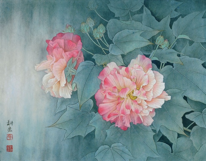 花红月夜芙蓉工笔画