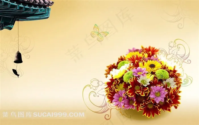 中国风建筑菊花蝴蝶背景