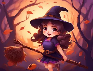 万圣节女巫骑扫把紫色卡通插画背景