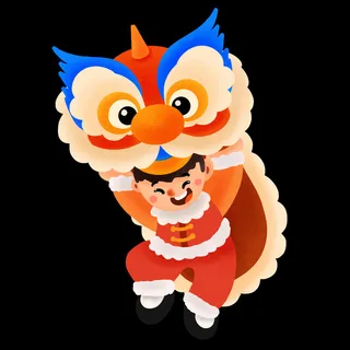 新年春节虎年元宵手绘人物舞狮卡通狮子头插画元素PSD设计素材