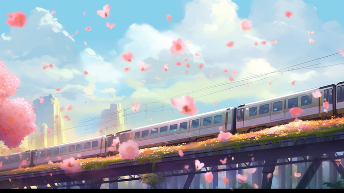 火车列车行驶在高架桥上飘起的粉色花瓣卡通插画(4368x2448)