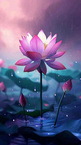 夏天下雨池塘里盛开的荷花特写，立夏，夏至