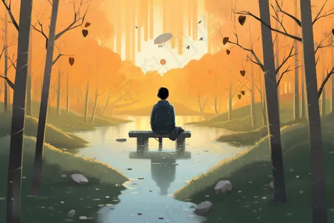 秋末男孩坐着树下木椅上夕阳西下卡通插画素材背景 秋末男孩坐着树下木椅上夕阳西下卡通插画素材背景